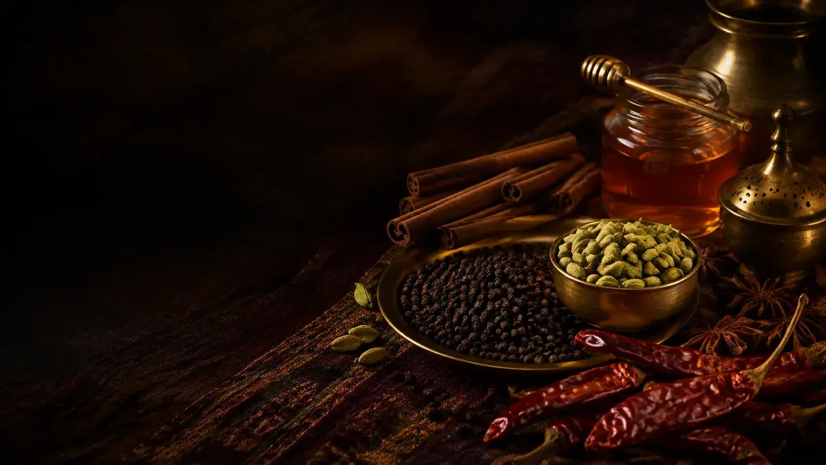 Kerala spices, honey, and whole aromatics arranged on a handwoven maroon textile.